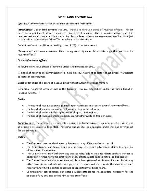 (PDF) Revenue Law Sindh Land Revenue Act 1967 Sindh Board Revenue
