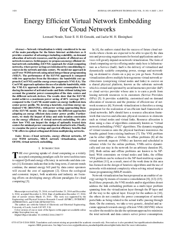 (PDF) Energy Efficient Virtual Network Embedding for Cloud Networks