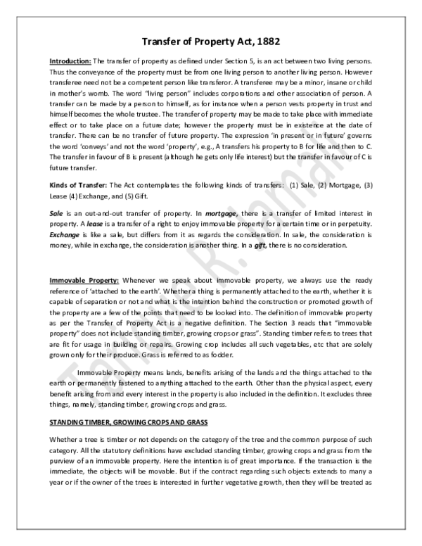 (PDF) Transfer of Property Act, 1882 | Law of Property | LL.B Part 3 ...