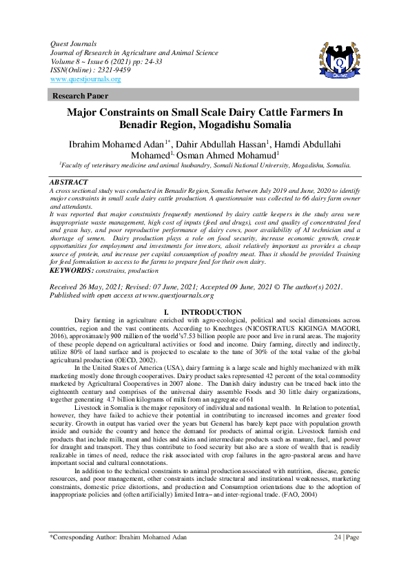 (PDF) Major Constraints on Small Scale Dairy Cattle Farmers In Benadir ...