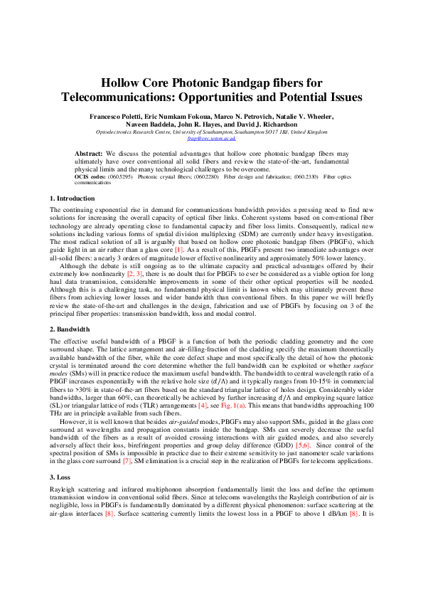 (PDF) Hollow Core Photonic Bandgap fibers for Telecommunications ...