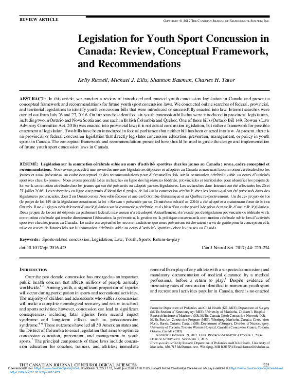 (PDF) Legislation for Youth Sport Concussion in Canada: Review ...