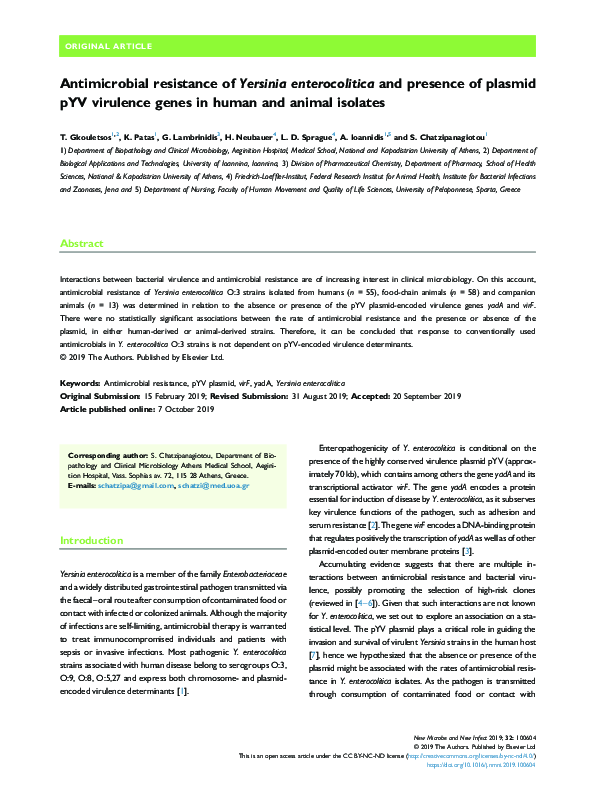 (PDF) Antimicrobial resistance of Yersinia enterocolitica and presence ...