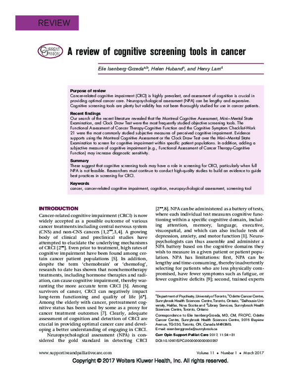 (PDF) A review of cognitive screening tools in cancer
