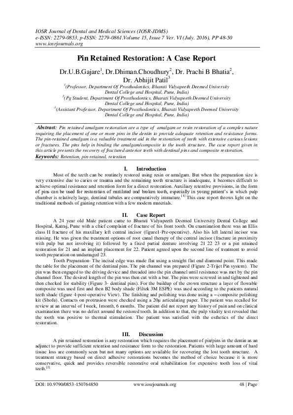 (PDF) Pin Retained Restoration A Case Report Dhiman Choudhury