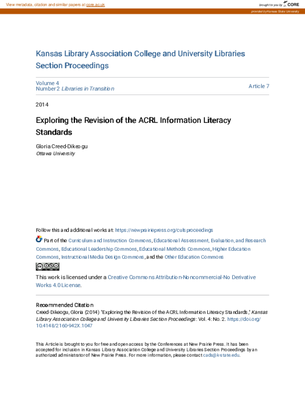 (PDF) Exploring the Revision of the ACRL Information Literacy Standards