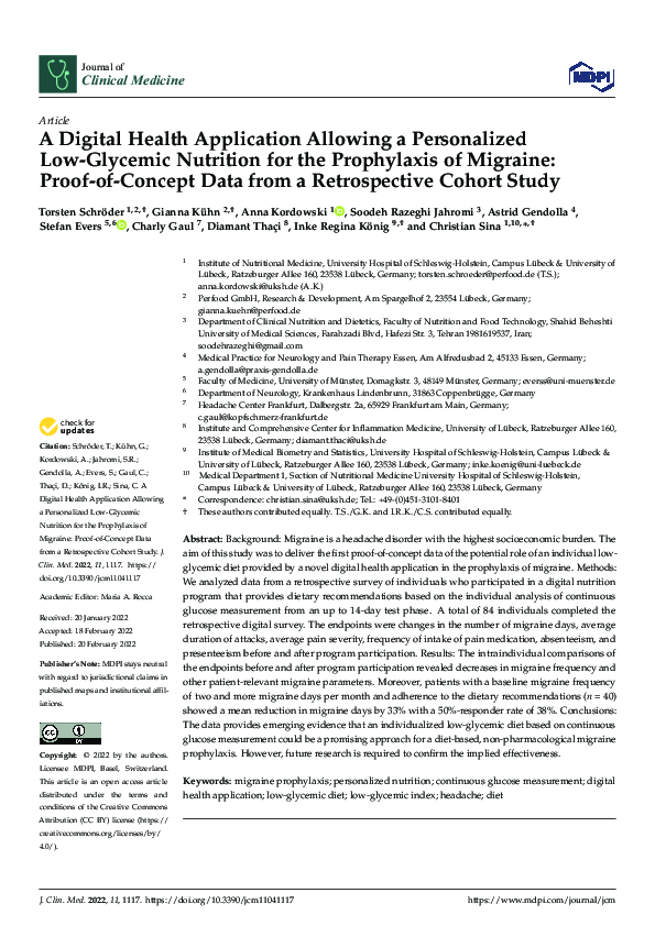 A Digital Health Application Allowing a Personalized Low-Glycemic Nutrition for the Prophylaxis of Migraine: Proof-of-Concept Data from a Retrospective Cohort Study