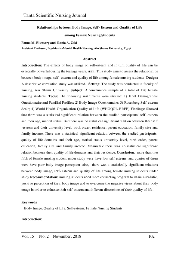 (PDF) Relationships between Body Image, Self- Esteem and Quality of ...
