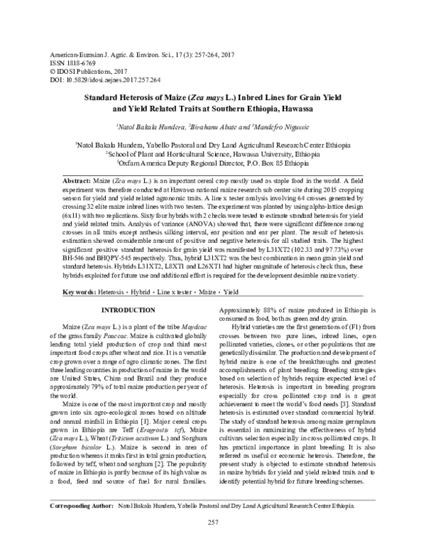 (PDF) Standard Heterosis of Maize ( Zea mays L . ) Inbred Lines for ...