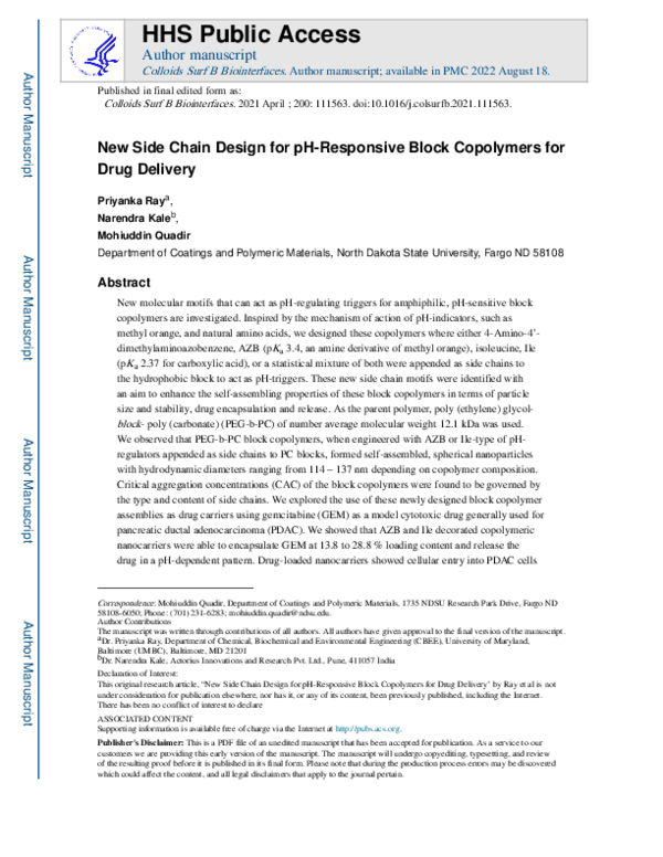 (PDF) New side chain design for pH-responsive block copolymers for drug ...