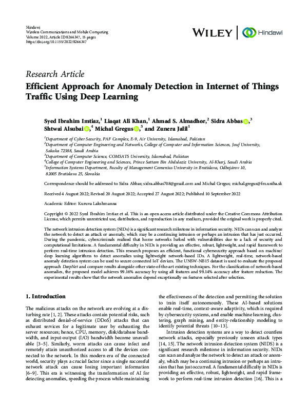 (PDF) Efficient Approach for Anomaly Detection in Internet of Things ...