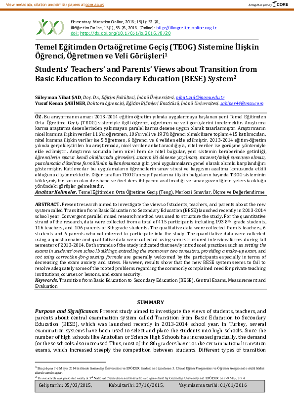 (PDF) Temel Eğitimden Ortaöğretime Geçiş (TEOG) Sistemine İlişkin ...