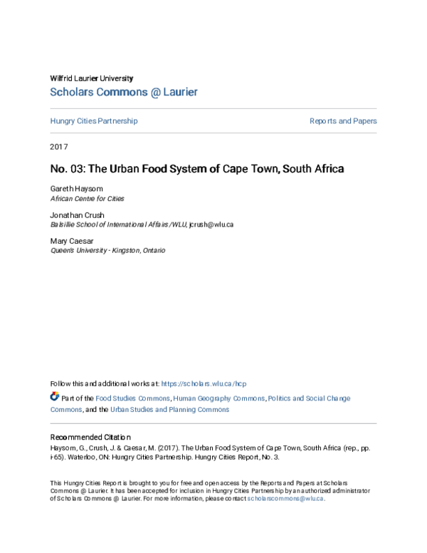 (PDF) No. 03: The Urban Food System of Cape Town, South Africa