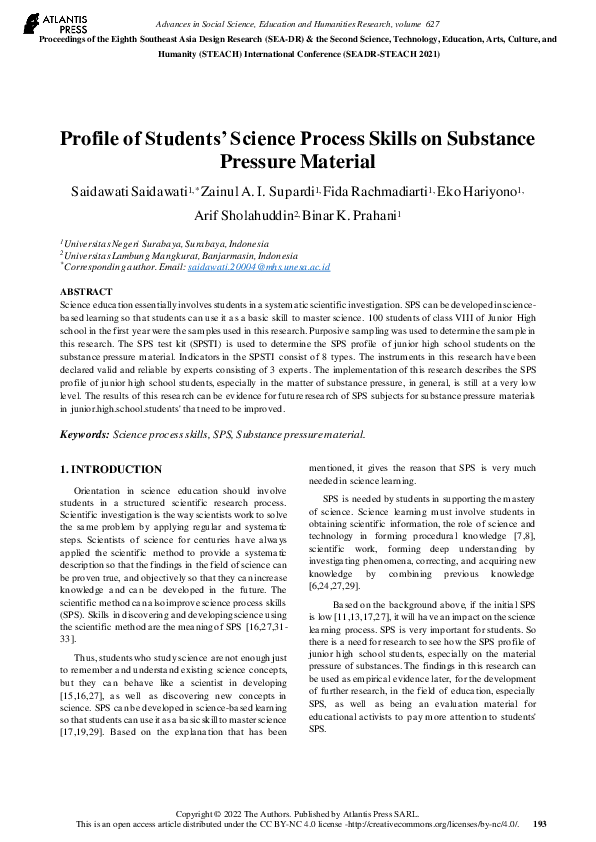 (PDF) Profile of Students’ Science Process Skills on Substance Pressure ...