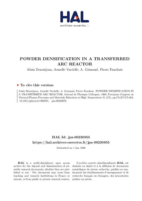 (PDF) Powder Densification in a Transferred Arc Reactor