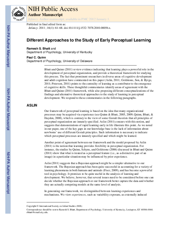 (PDF) Different Approaches to the Study of Early Perceptual Learning