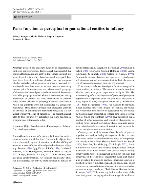 (PDF) Parts function as perceptual organizational entities in infancy