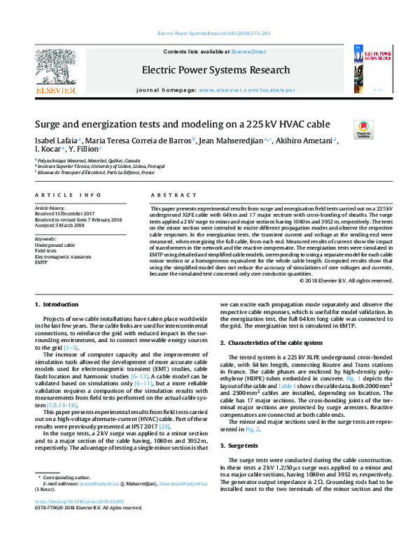 (PDF) Surge and energization tests and modeling on a 225 kV HVAC cable ...
