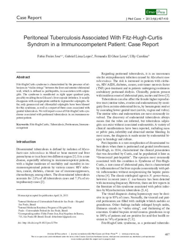 (PDF) Peritoneal Tuberculosis Associated With Fitz-Hugh-Curtis Syndrom ...