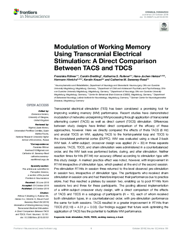 (PDF) Modulation of Working Memory Using Transcranial Electrical ...