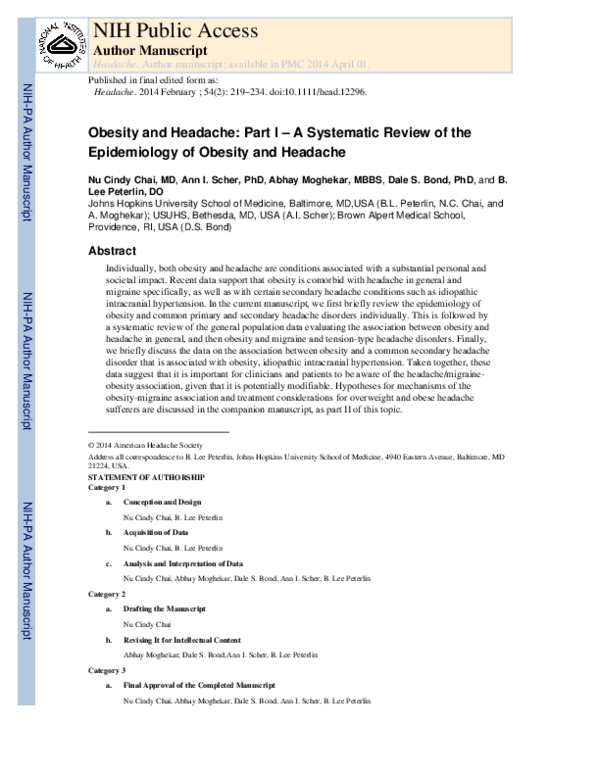 (PDF) Obesity and Headache: Part I - A Systematic Review of the ...