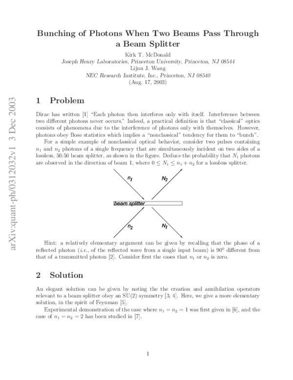 (PDF) Bunching of Photons When Two Beams Pass Through a a Beam Splitter