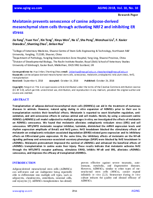 (PDF) Melatonin prevents senescence of canine adipose-derived ...