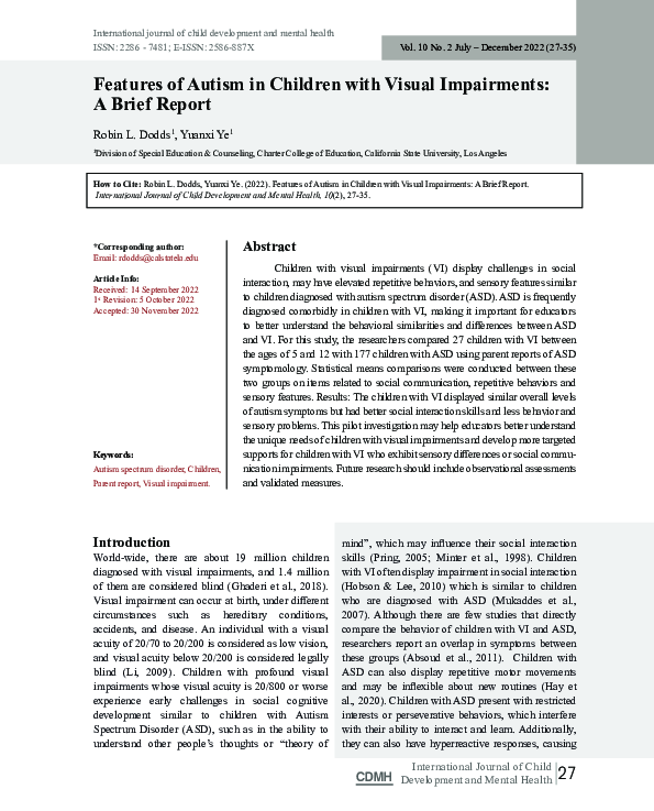 (PDF) Features of Autism in Children with Visual Impairments: A Brief ...