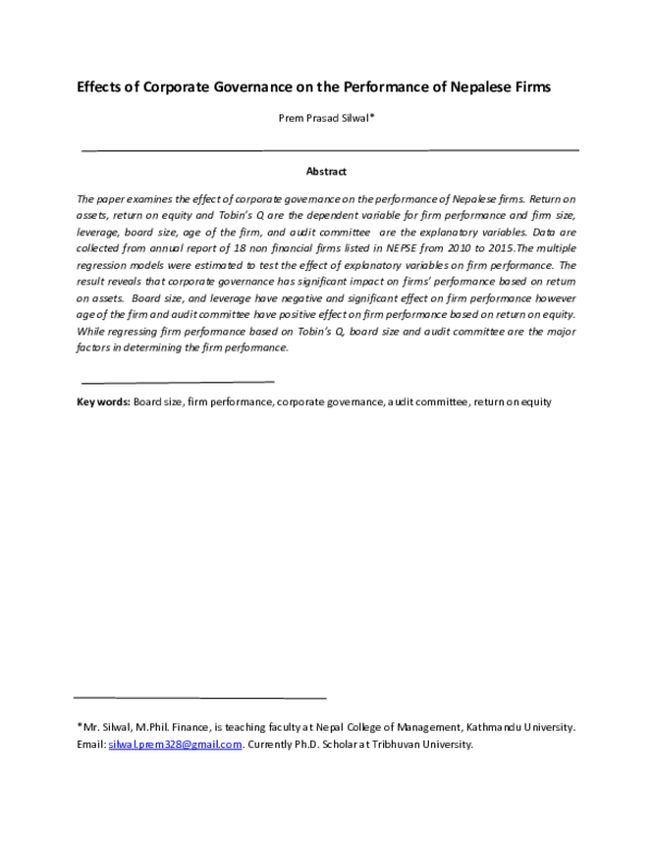 (PDF) The effects of corporate governance on performance and financial ...