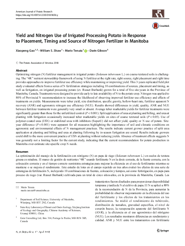 (PDF) Yield and Nitrogen Use of Irrigated Processing Potato in Response ...