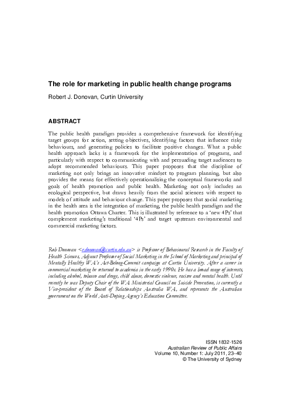 (PDF) The role for marketing in public health change programs