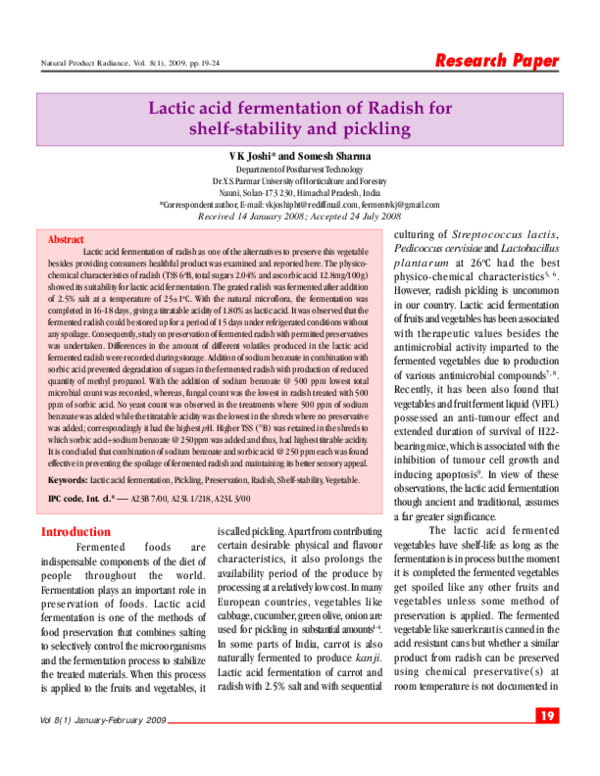 (PDF) Lactic acid fermentation of Radish for shelf stability and pickling
