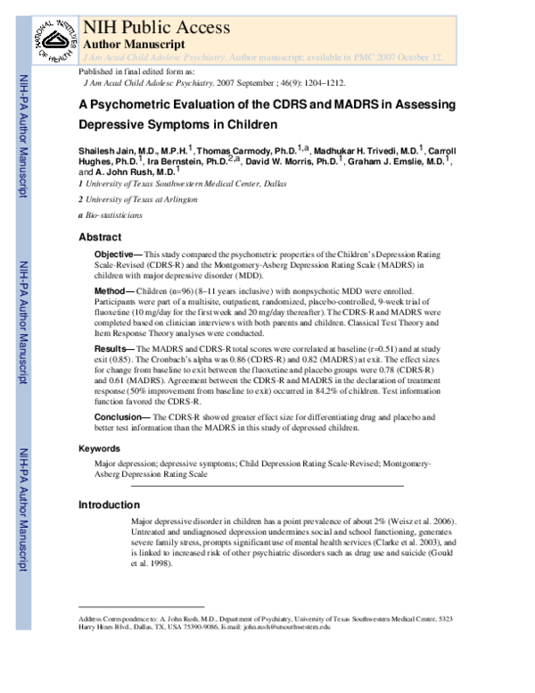 (PDF) A Psychometric Evaluation of the CDRS and MADRS in Assessing ...