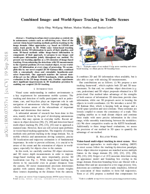(PDF) Combined image- and world-space tracking in traffic scenes