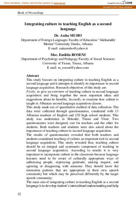 (PDF) Integrating culture in teaching English as a second language