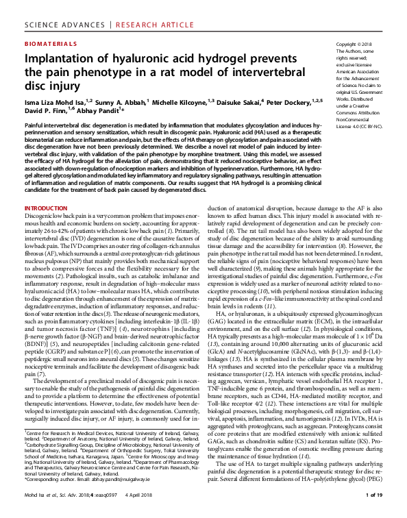 (PDF) Implantation of hyaluronic acid hydrogel prevents the pain