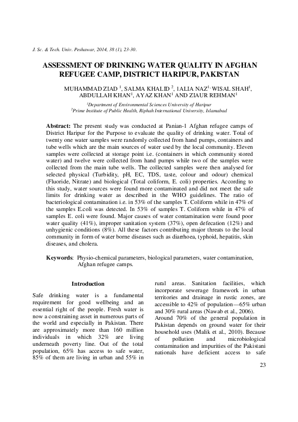 (PDF) Assessment of Drinking Water Quality in Afghan Refugee Camp ...