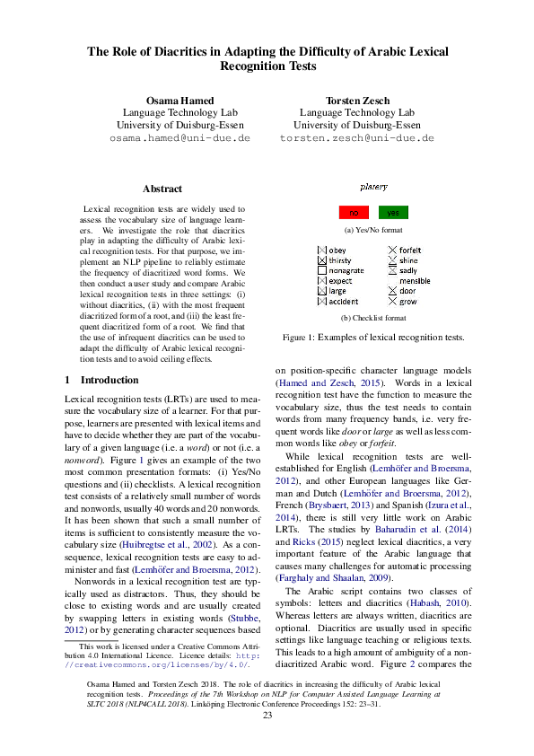 (PDF) The Role of Diacritics in Increasing the Difficulty of Arabic ...