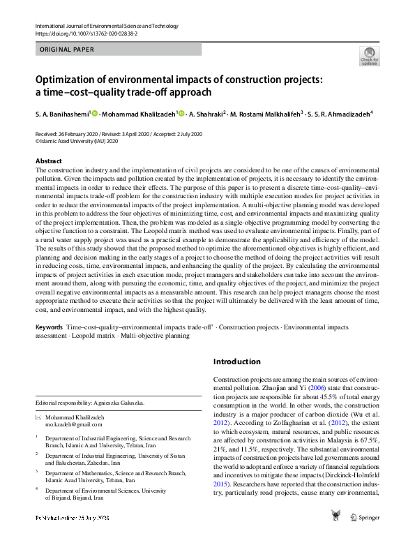 (PDF) Optimization of environmental impacts of construction projects: a ...