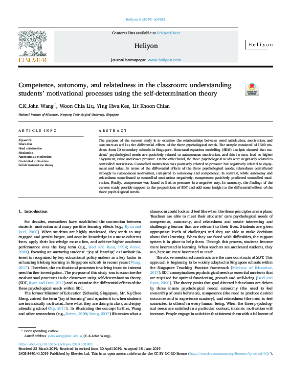 (PDF) Competence, autonomy, and relatedness in the classroom ...