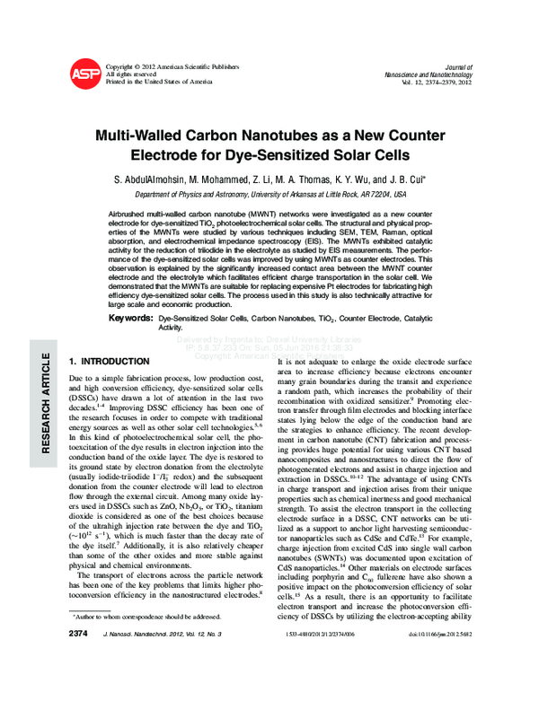 (PDF) Multi-Walled Carbon Nanotubes as a New Counter Electrode for Dye ...