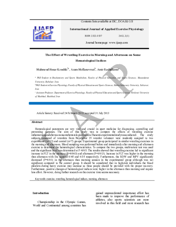 (PDF) The Effect of Wrestling Exercise in Morning and Afternoon on Some