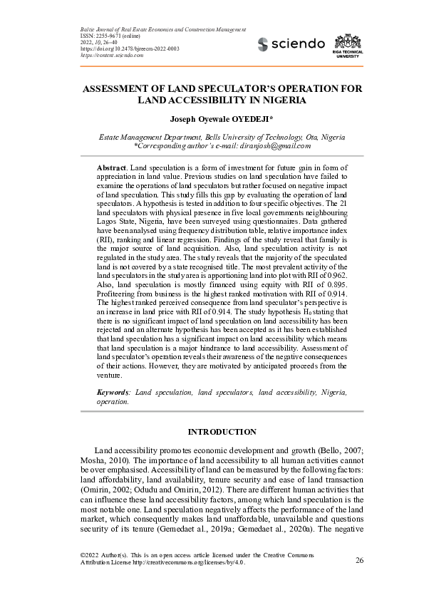 (PDF) Assessment of Land Speculator’s Operation for Land Accessibility