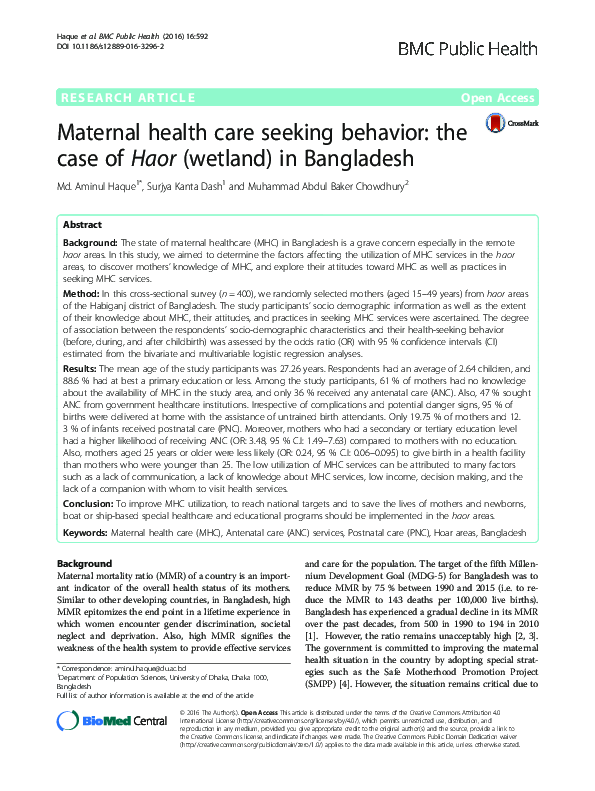(PDF) Maternal health care seeking behavior: the case of Haor (wetland ...