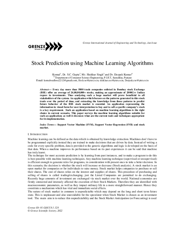(PDF) Stock Prediction using Machine Learning Algorithms