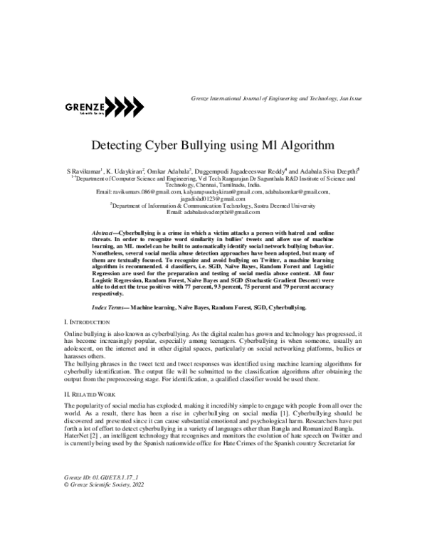 (PDF) Detecting Cyber Bullying using Ml Algorithm