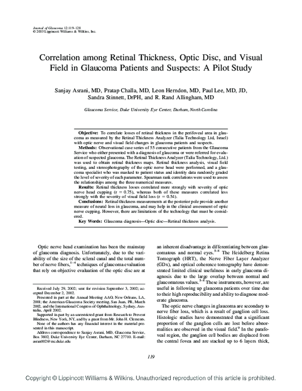 (PDF) Correlation among Retinal Thickness, Optic Disc, and Visual Field ...