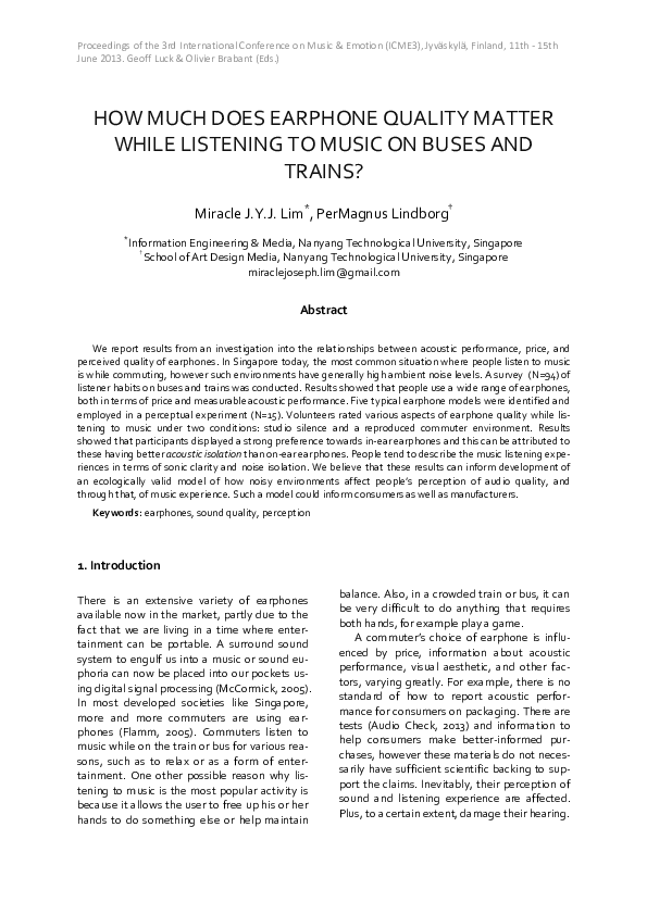 (PDF) How Much Does Earphone Quality Matter While Listening to Music on