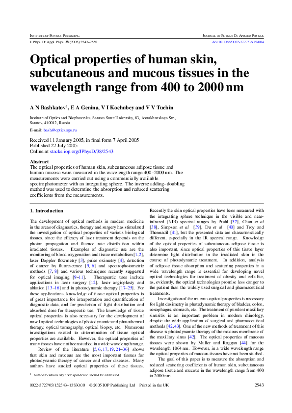 (PDF) Optical properties of human skin, subcutaneous and mucous tissues