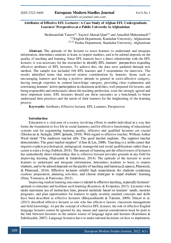 (PDF) Attributes of Effective EFL Lecturer: A Case Study of Afghan EFL ...